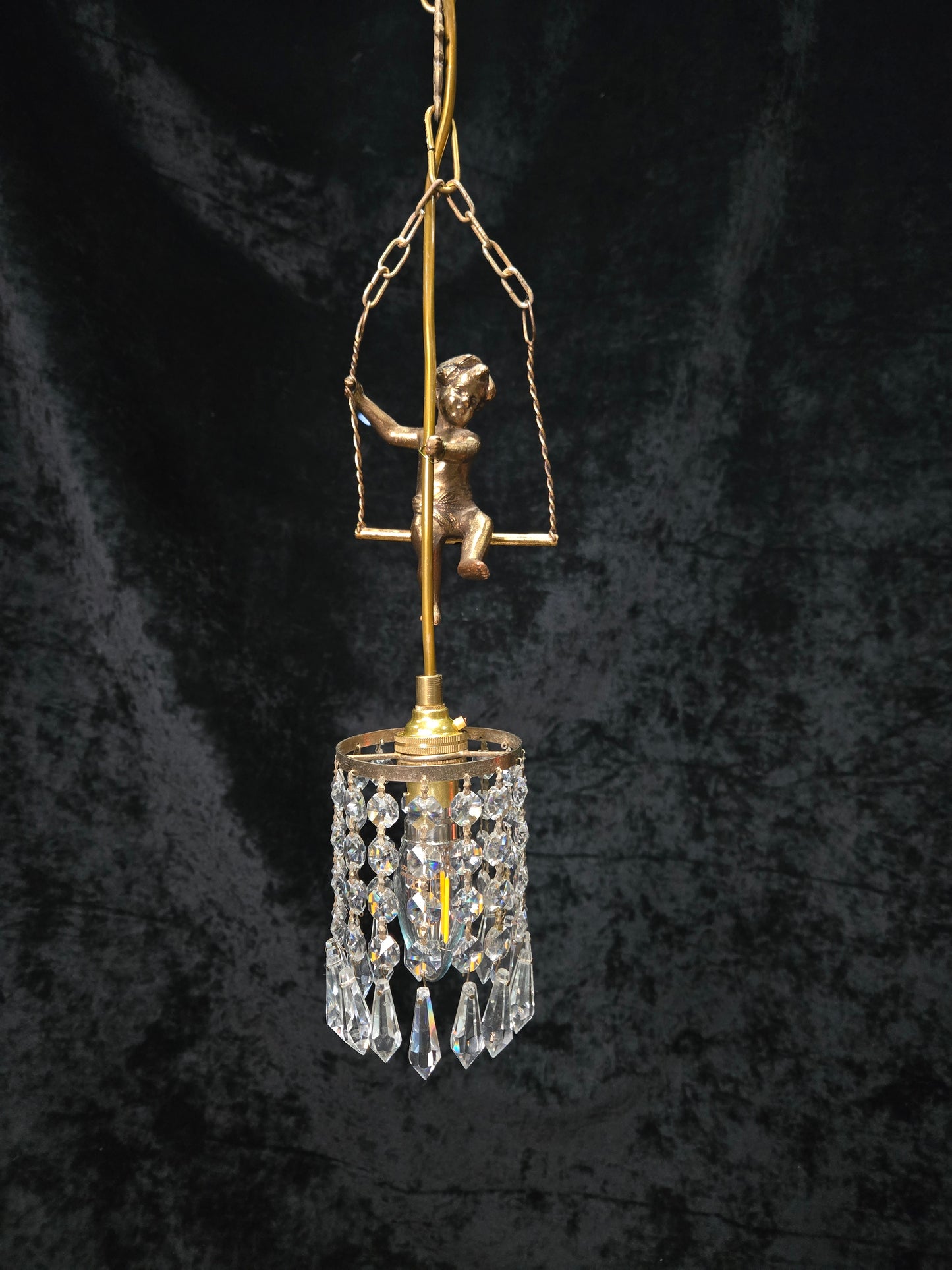 Beautiful Petite Vintage French Brass Cherub Crystal Chandelier Ceiling Light
