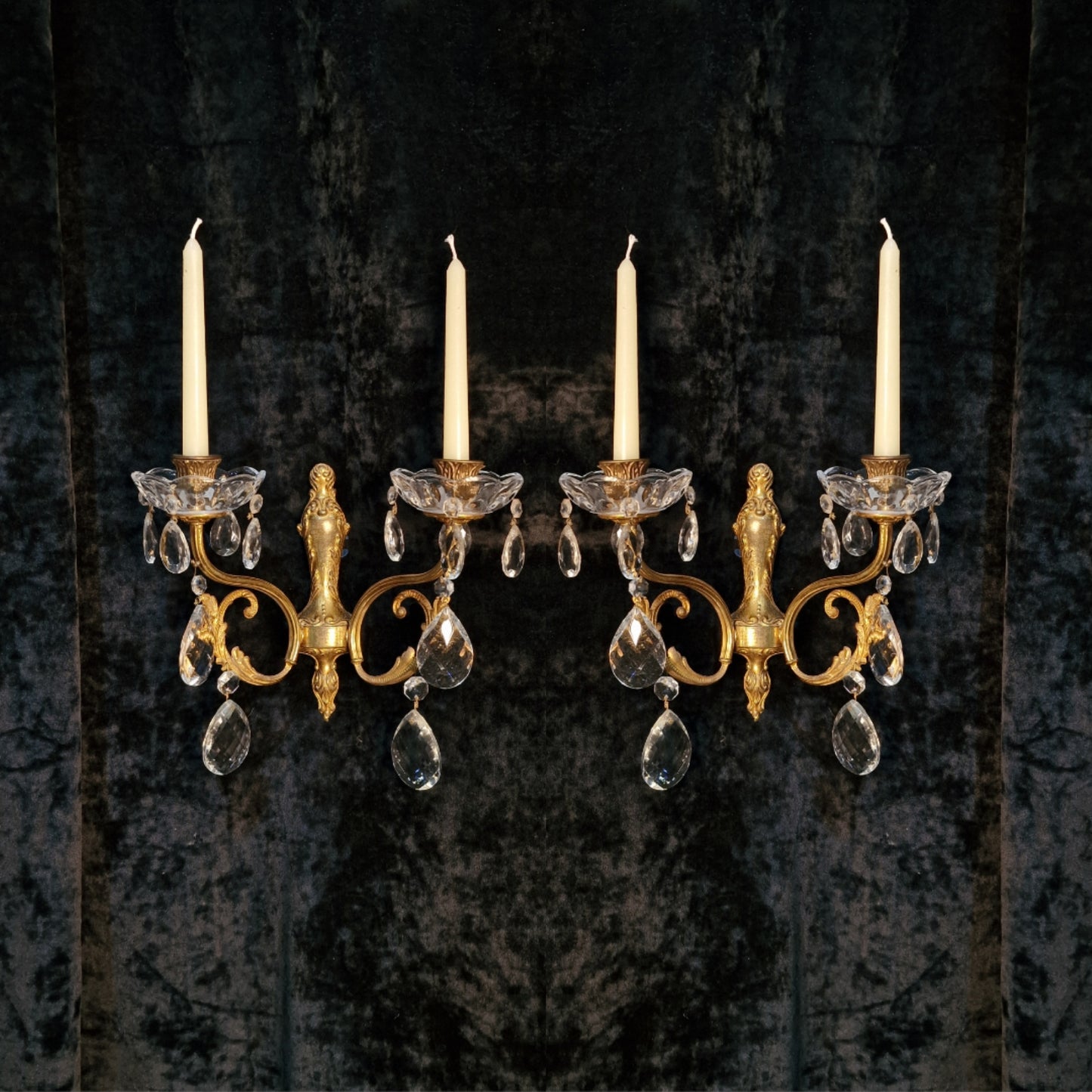 Elegant Pair Antique French 2 Arm Leaf Candle Crystal Brass Wall Lights Sconces