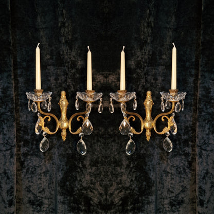 Elegant Pair Antique French 2 Arm Leaf Candle Crystal Brass Wall Lights Sconces