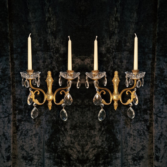 Elegant Pair Antique French 2 Arm Leaf Candle Crystal Brass Wall Lights Sconces