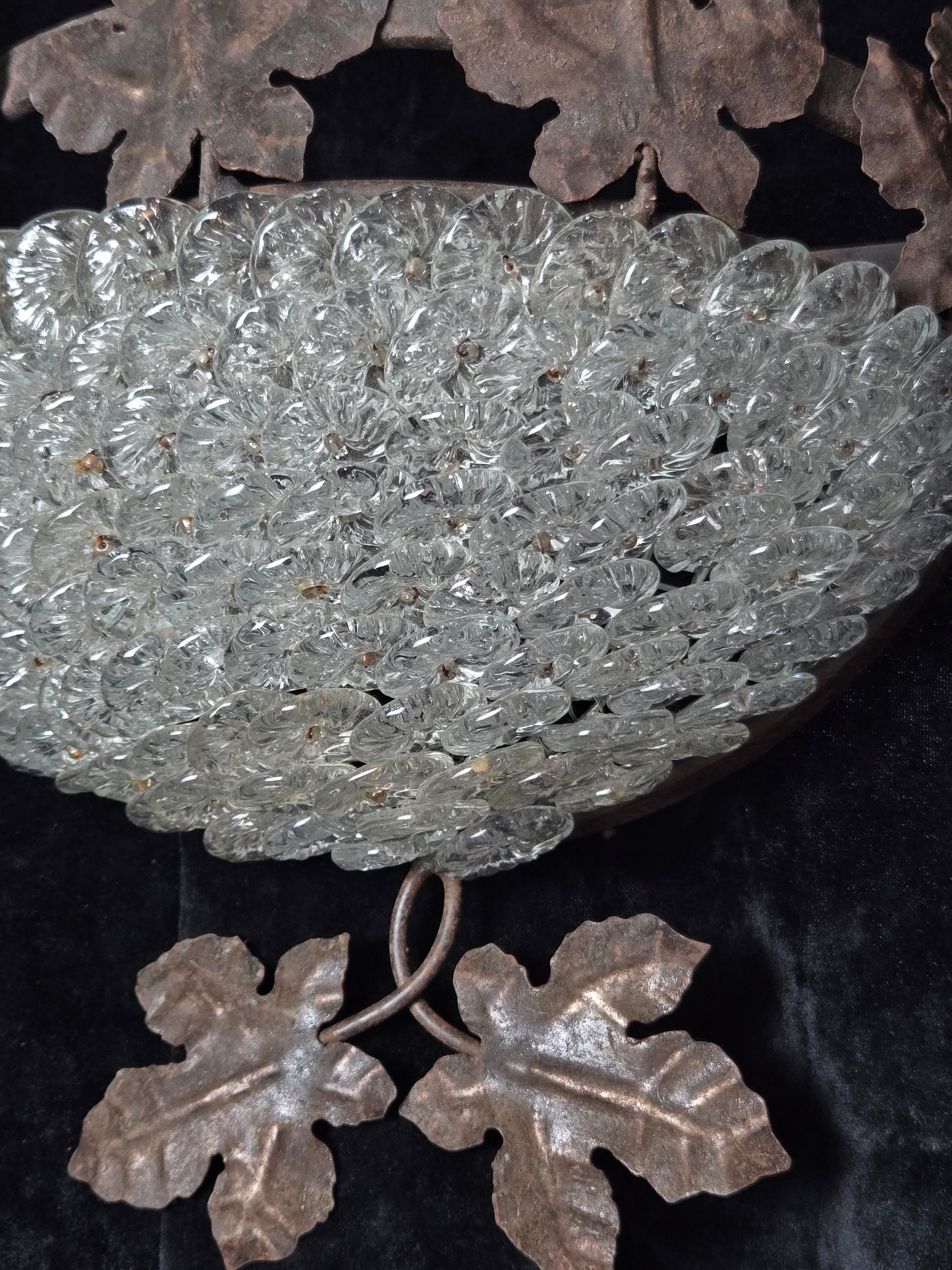 Fabulous Pair Vintage French Iron Murano Glass Basket Leaf Wall Lights Sconces