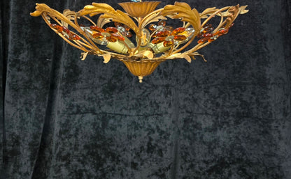 Beautiful Vintage Italian Banci 5 Light Gilded Toleware Flush Ceiling Chandelier