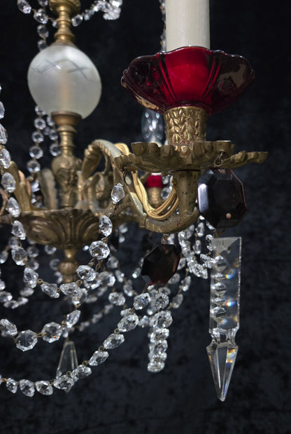 Stunning Antique French 3 Arm Glass Garnet Crystal Chandelier Ceiling Light
