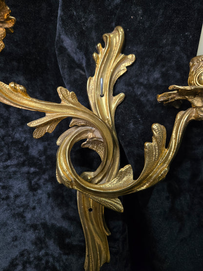 Beautiful Single Antique French Gilt Bronze Brass 2 Arm Leaf Candle Wall Light