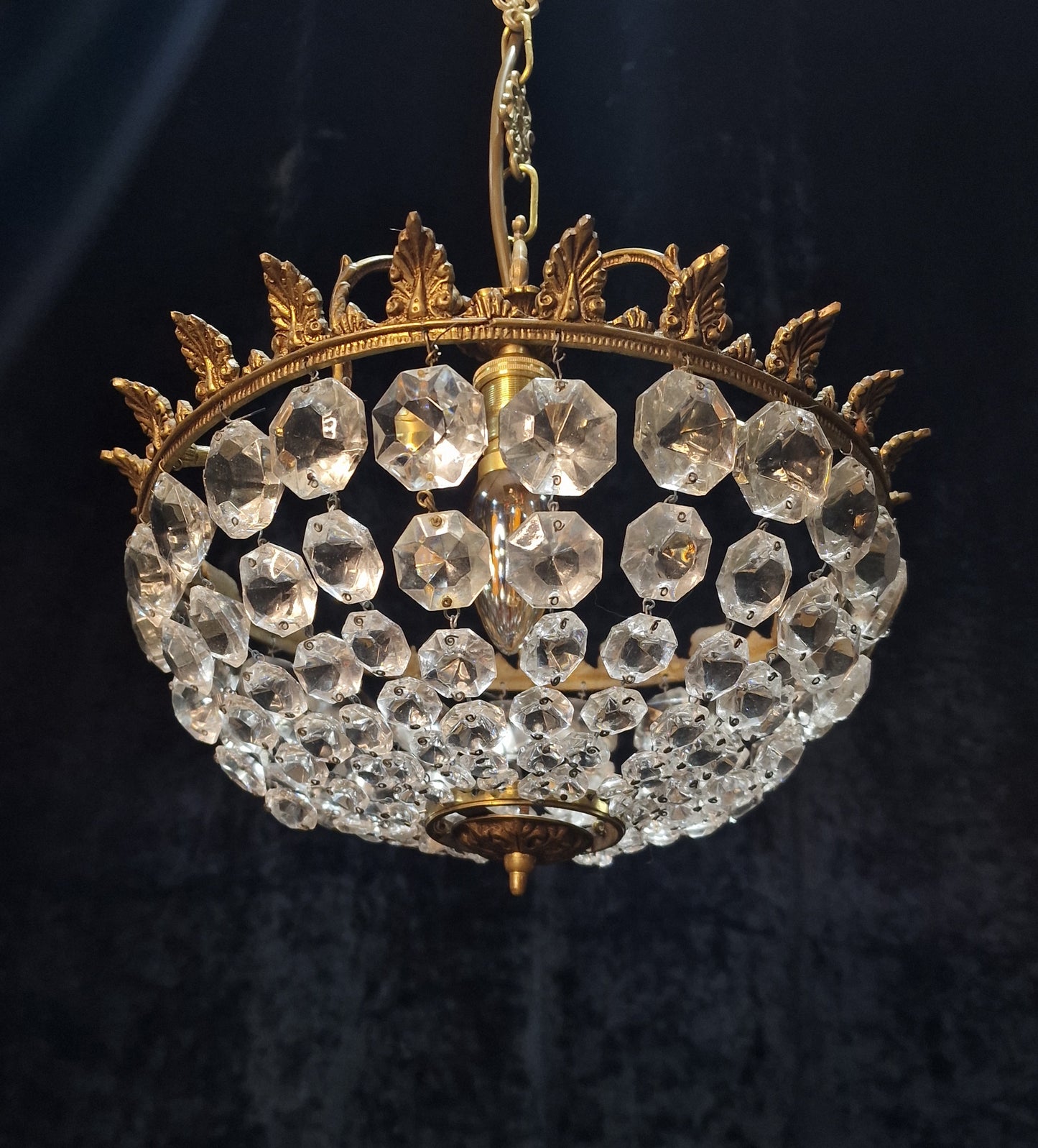 Lovely Vintage French 1 Light Half Bag Crystal Basket Brass Chandelier Light