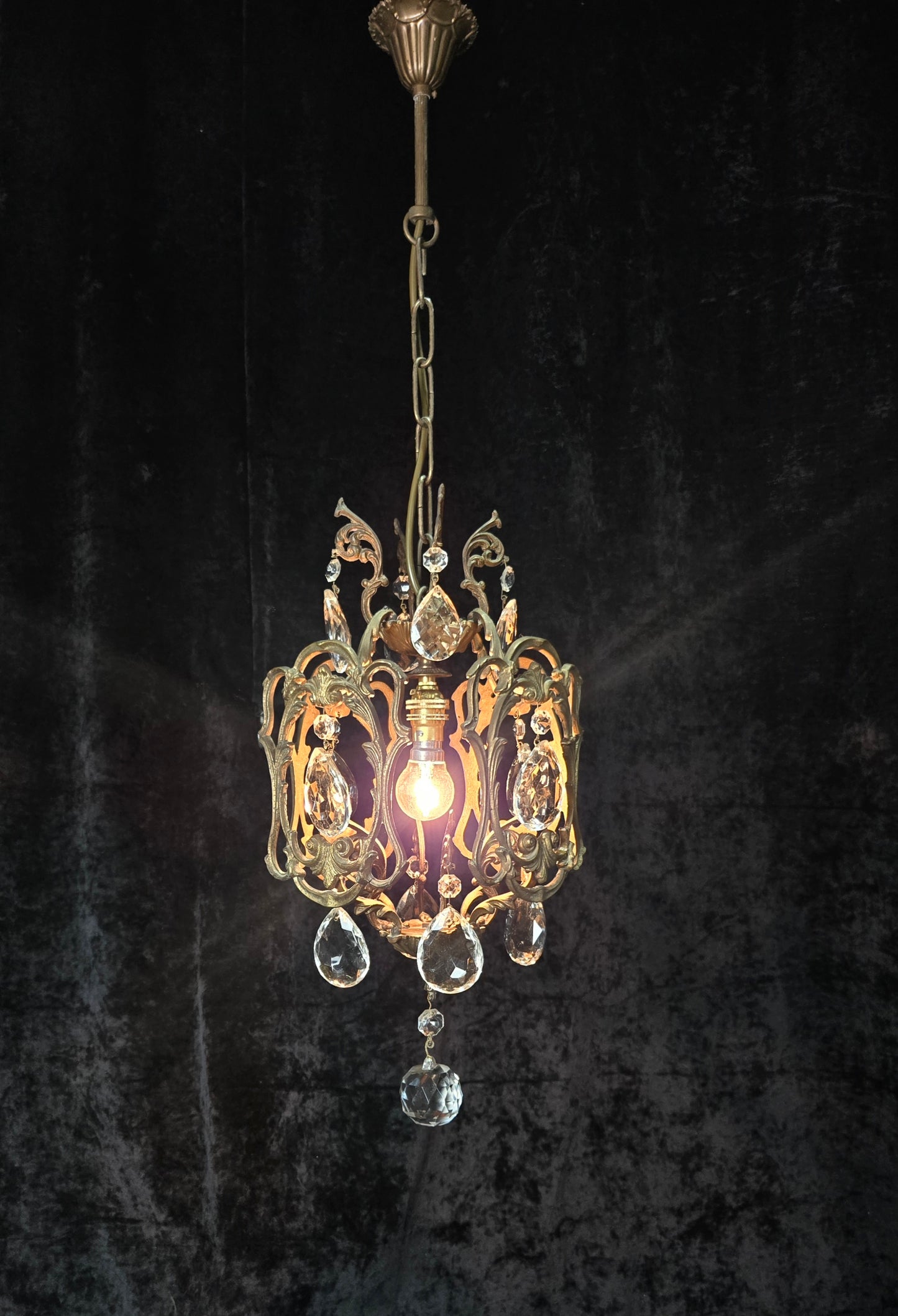 Beautiful Antique French 1 Light Brass Crystal Cage Chandelier Ceiling Light