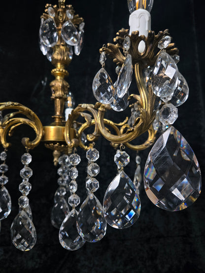 Fabulous Vintage French 5 Arm Brass Heavy Crystal Leaf Chandelier Ceiling Light