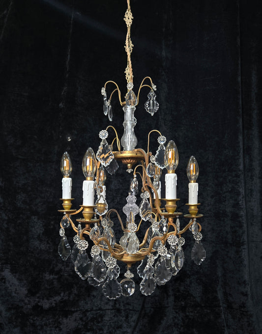 Stunning Antique French 6 Arm Cage Bronze Crystal Chandelier Ceiling Light