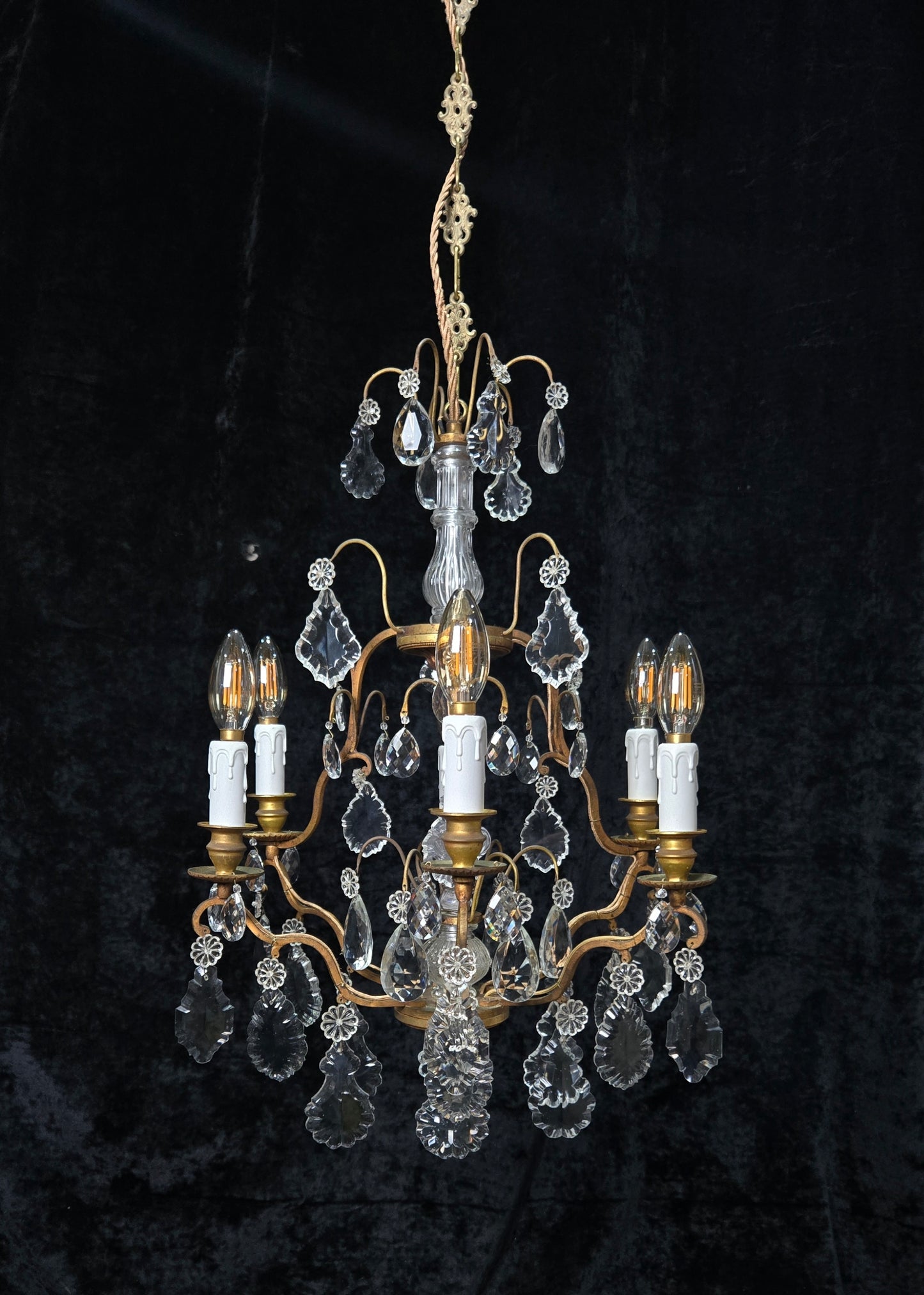 Stunning Antique French 6 Arm Cage Bronze Crystal Chandelier Ceiling Light