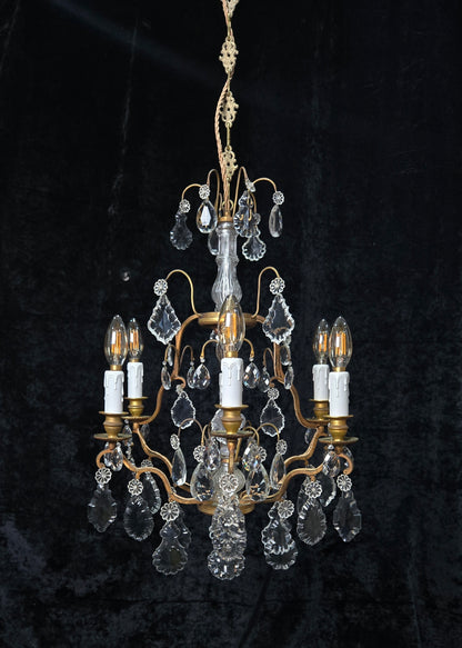 Stunning Antique French 6 Arm Cage Bronze Crystal Chandelier Ceiling Light