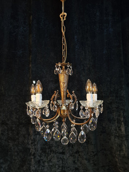 Lovely Elegant Vintage Italian 5 Arm Brass Crystal Chandelier Ceiling Light