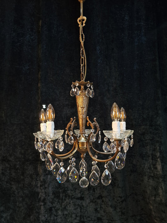 Lovely Elegant Vintage Italian 5 Arm Brass Crystal Chandelier Ceiling Light