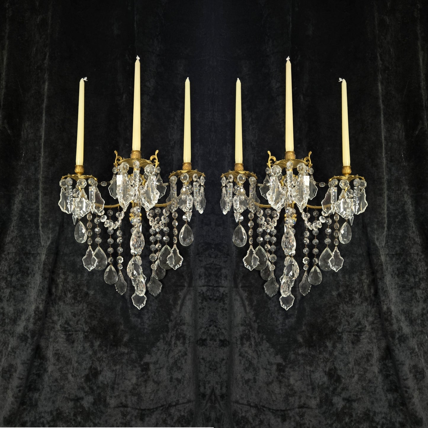 Superb Pair Large Vintage Italian Gilded Brass 3 Arm Candle Crystal Wall Lights