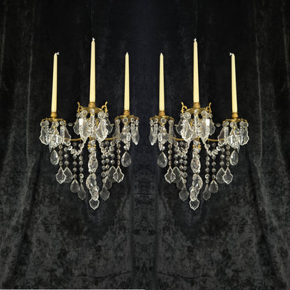 Superb Pair Large Vintage Italian Gilded Brass 3 Arm Candle Crystal Wall Lights