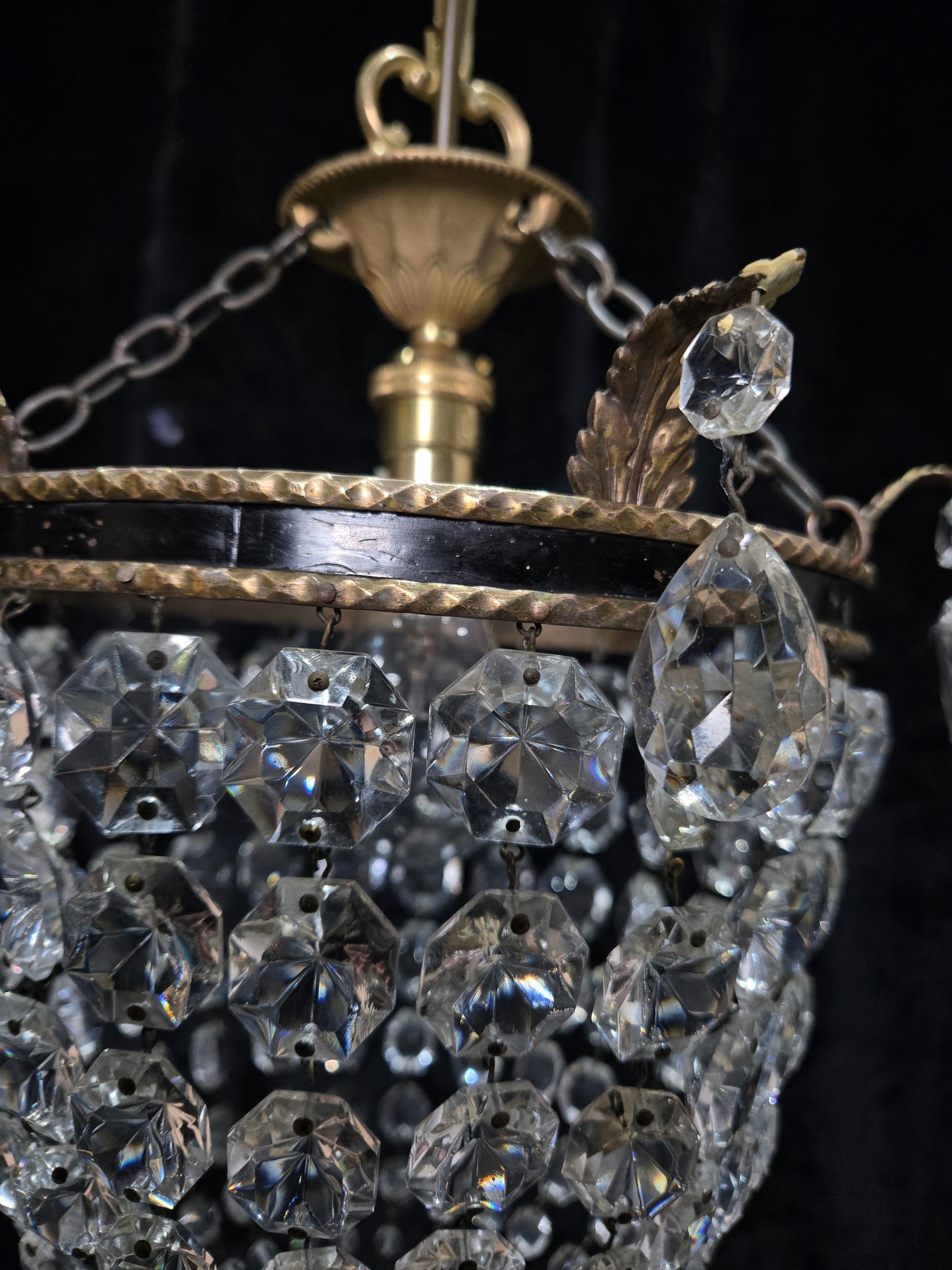 Stunning Antique French Empire Style Brass Crystal Leaf Chandelier Ceiling Light