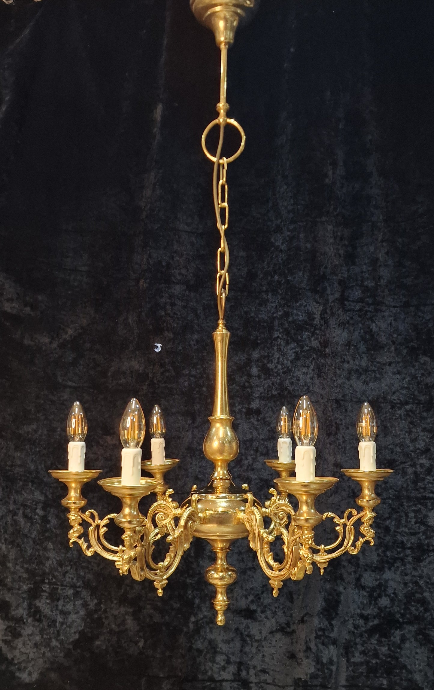 Traditional Vintage Italian Polished Brass 6 Arm Chandelier Ceiling Light