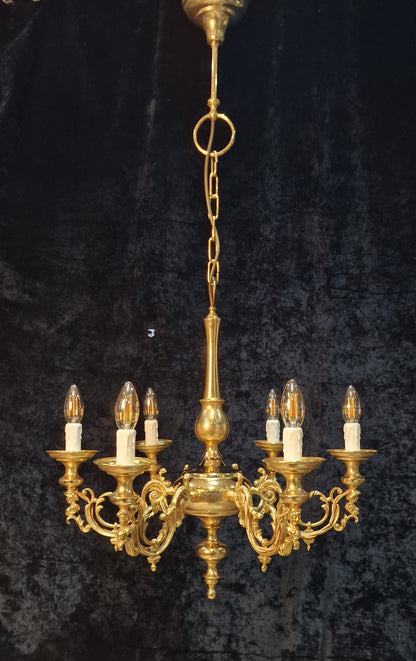 Traditional Vintage Italian Polished Brass 6 Arm Chandelier Ceiling Light