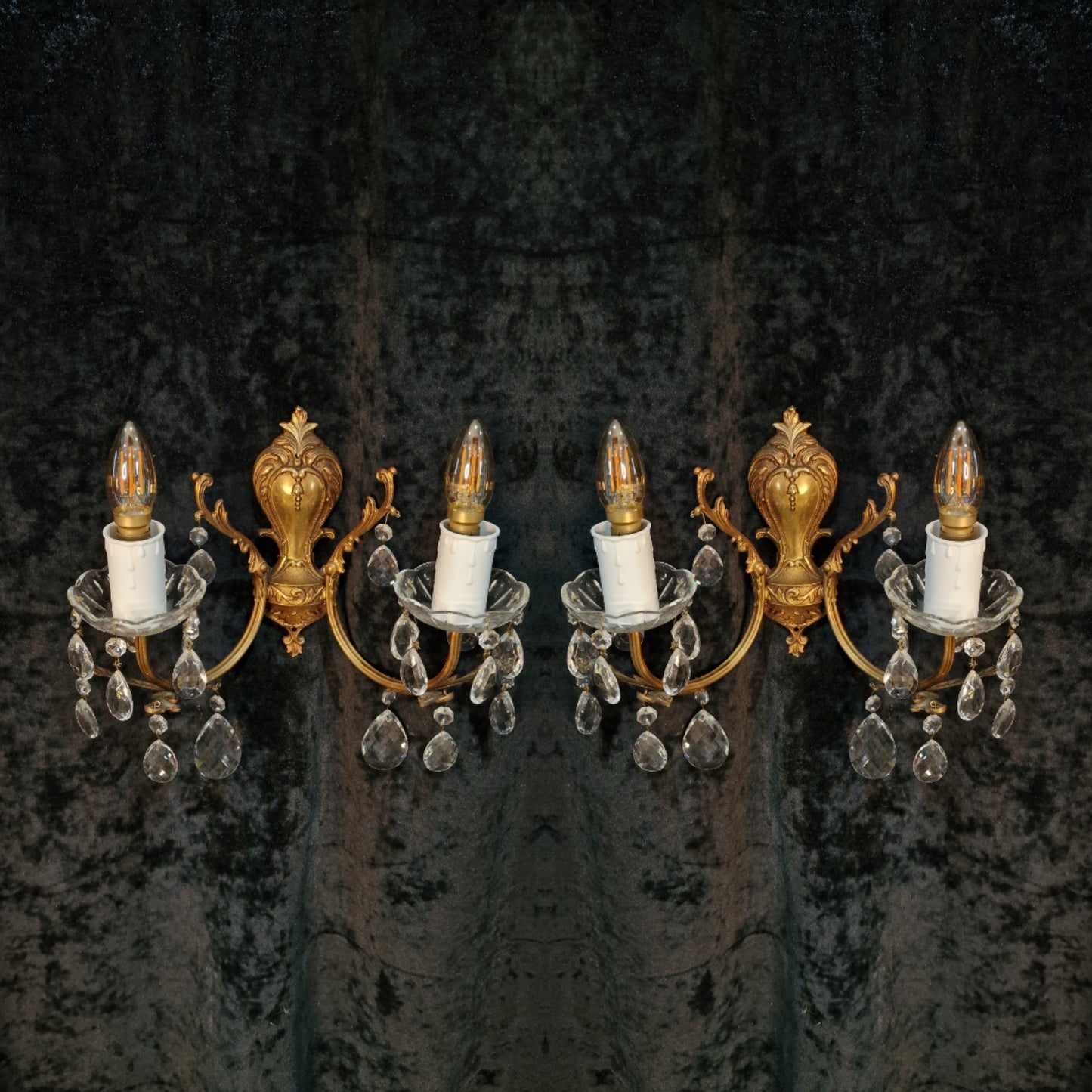 Lovely Pair of Vintage French Leaf Brass Crystal 2 Arm Wall Lights Sconces