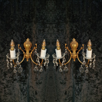 Lovely Pair of Vintage French Leaf Brass Crystal 2 Arm Wall Lights Sconces