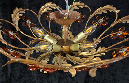 Beautiful Vintage Italian Banci 5 Light Gilded Toleware Flush Ceiling Chandelier