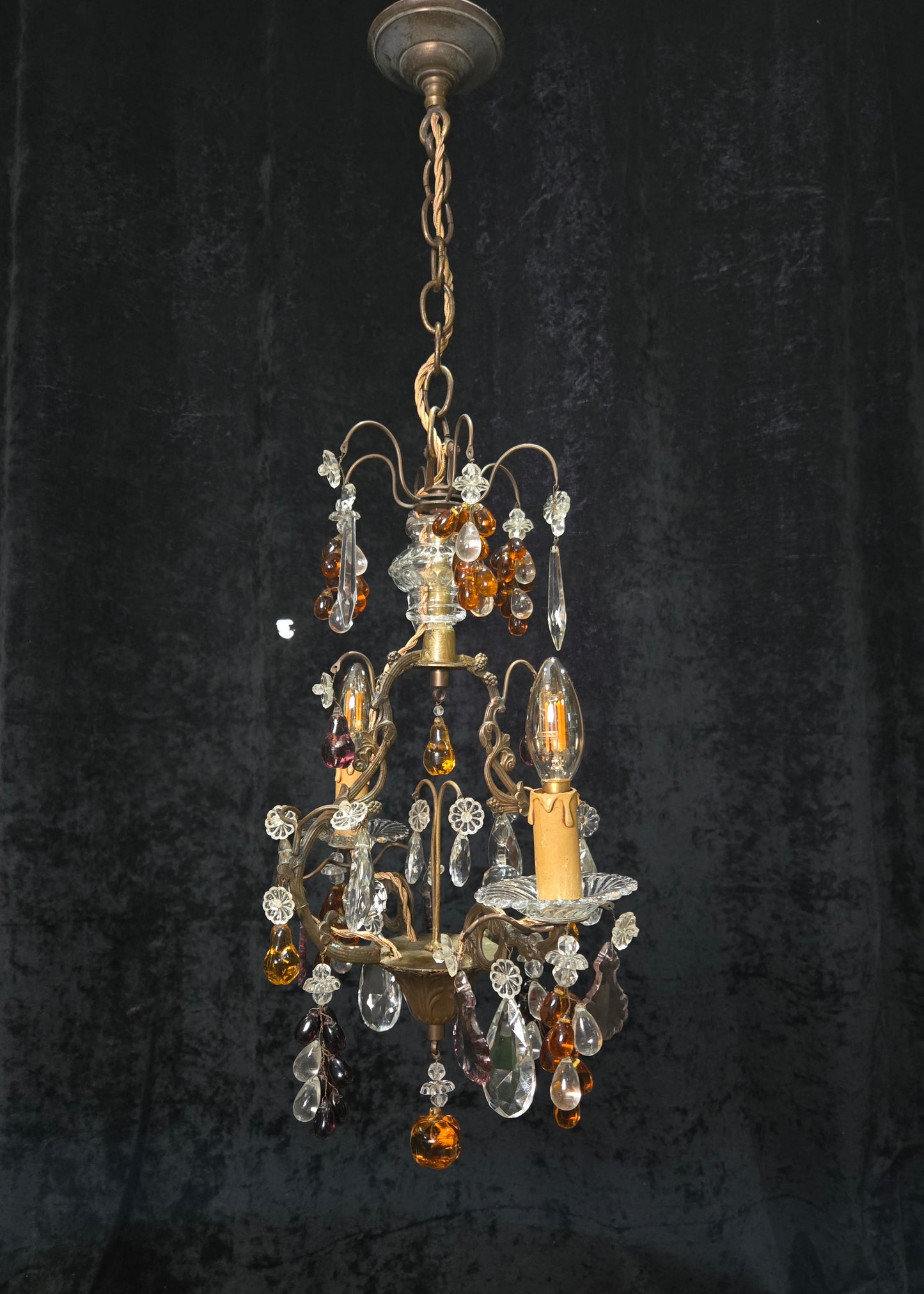 Fabulous Antique French 2 Arm Caged Murano Crystal Brass Chandelier Light