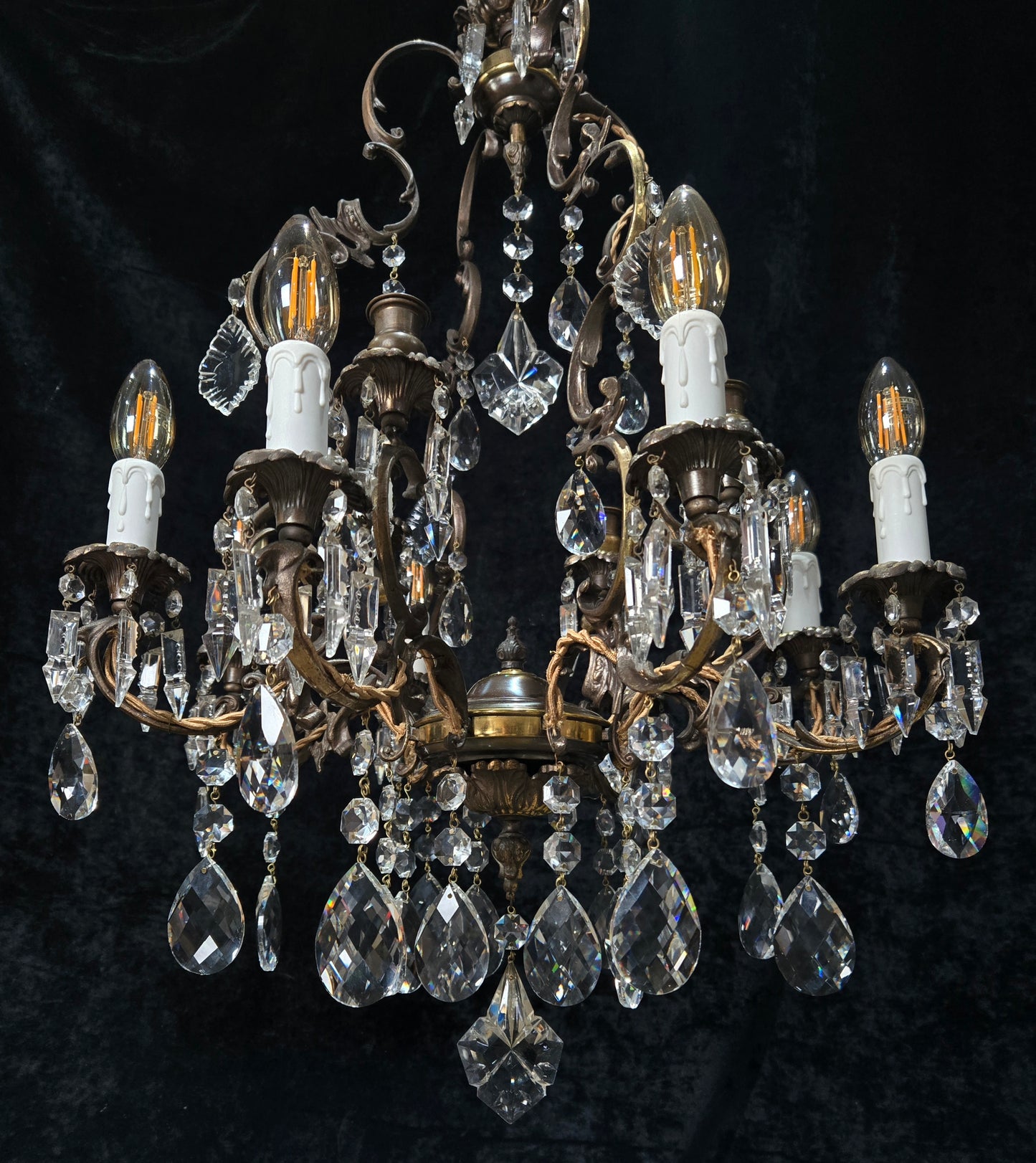Fabulous Antique Italian 8 Arm 4 Candle Cage Brass Crystal Chandelier Light