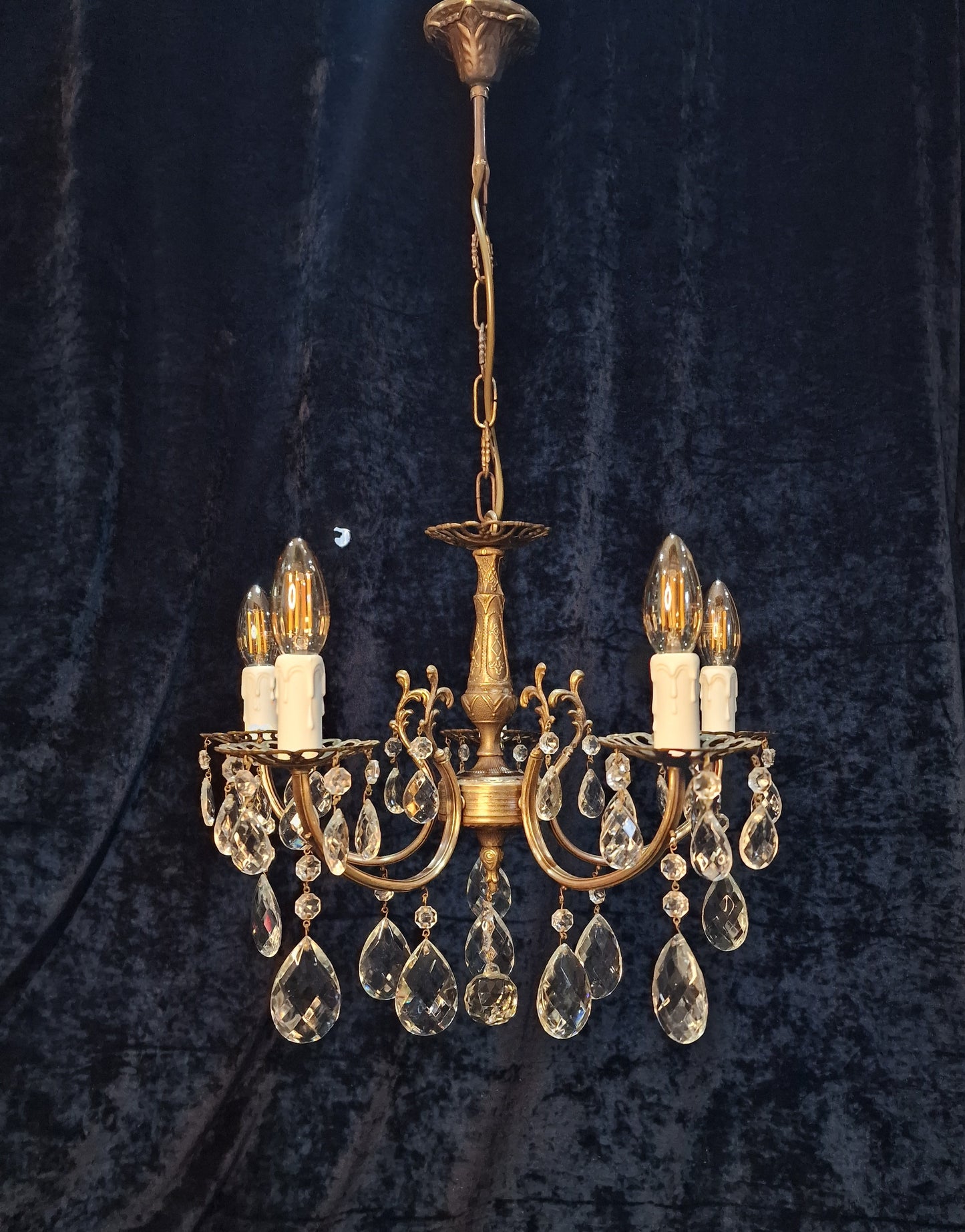 Beautiful Vintage French 5 Arm Brass and Crystal Chandelier Ceiling Light