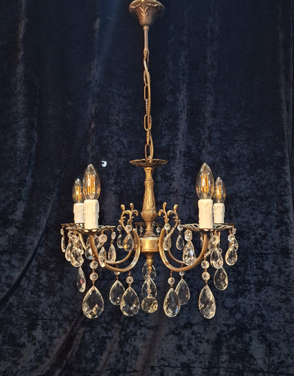 Beautiful Vintage French 5 Arm Brass and Crystal Chandelier Ceiling Light
