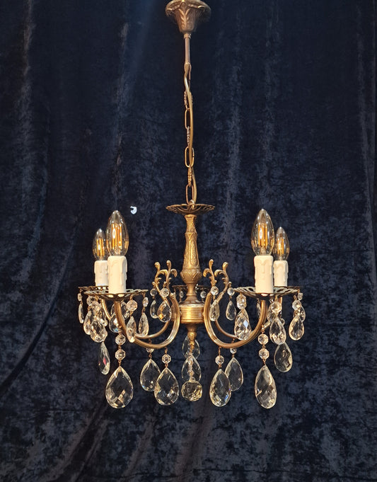 Beautiful Vintage French 5 Arm Brass and Crystal Chandelier Ceiling Light