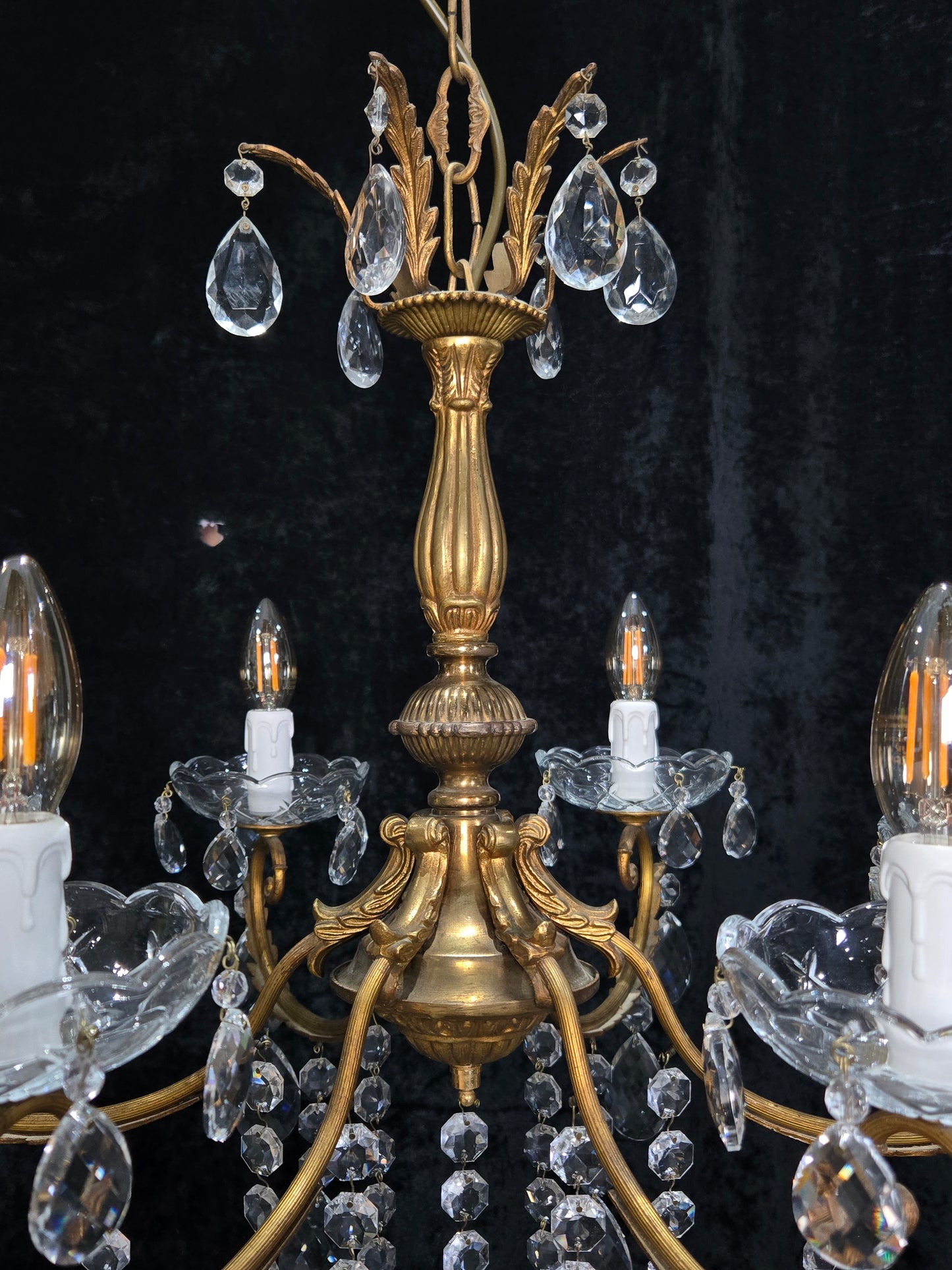 Gorgeous Heavy Vintage Italian 6 Arm Brass Leaf Crystal Chandelier Ceiling Light