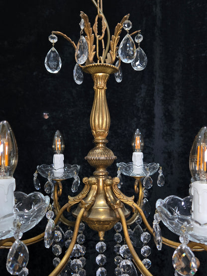 Gorgeous Heavy Vintage Italian 6 Arm Brass Leaf Crystal Chandelier Ceiling Light