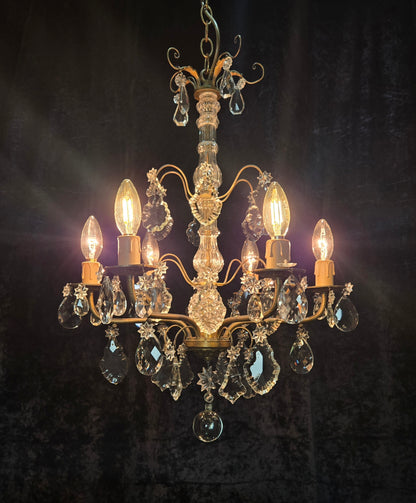 Beautiful Antique French 6 Arm Brass 3 Tier Crystal Chandelier Ceiling Light