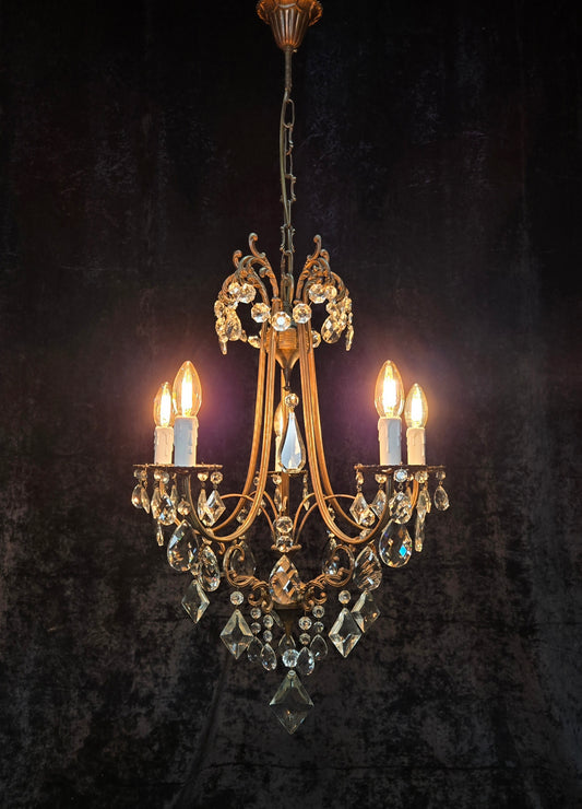 Beautiful Vintage Italian 5 Arm Brass Crystal Cage Chandelier Ceiling Light