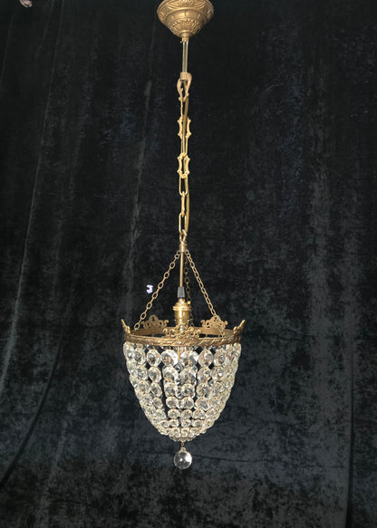 Beautiful Antique French Crystal Bag Brass and Bows Chandelier Ceiling Light