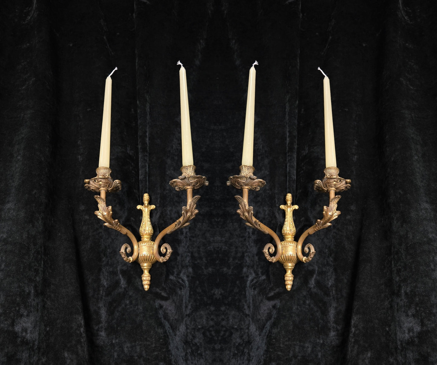 Decorative Pair of Antique French 2 Arm Solid Brass Candle Wall Lights Sconces