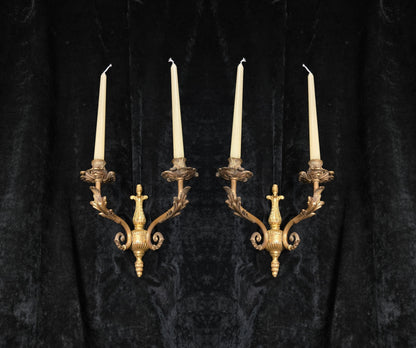 Decorative Pair of Antique French 2 Arm Solid Brass Candle Wall Lights Sconces