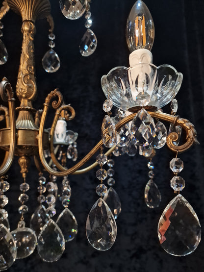 Fabulous Antique French 6 Arm Heavy Brass Crystal Leaf Chandelier Ceiling Light