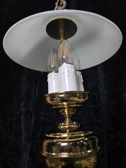Unique Vintage Milk Glass Brass Bouillotte Oil Lamp Style 3 Light Chandelier