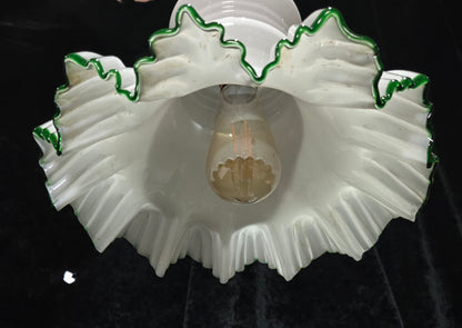 Fabulous Antique French Large Opaline Glass Shade Green Edging Brass Light