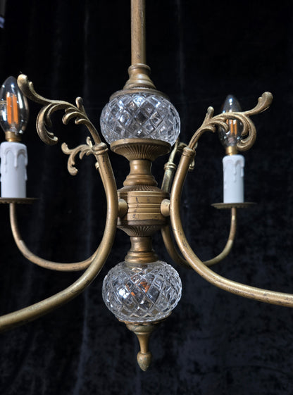 Classical Vintage French 4 Arm Lacquered Brass Crystal Chandelier Ceiling Light