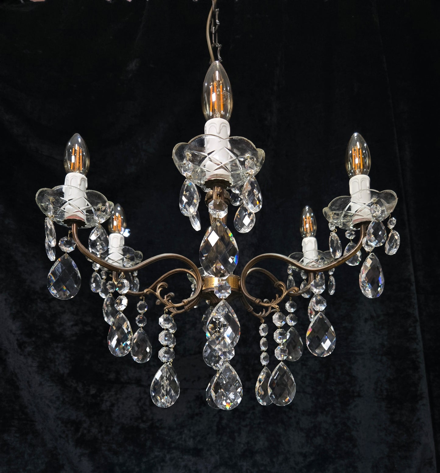 Traditional Vintage French 6 Arm Brass Crystal Glass Chandelier Ceiling Light