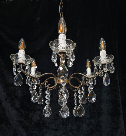 Traditional Vintage French 6 Arm Brass Crystal Glass Chandelier Ceiling Light