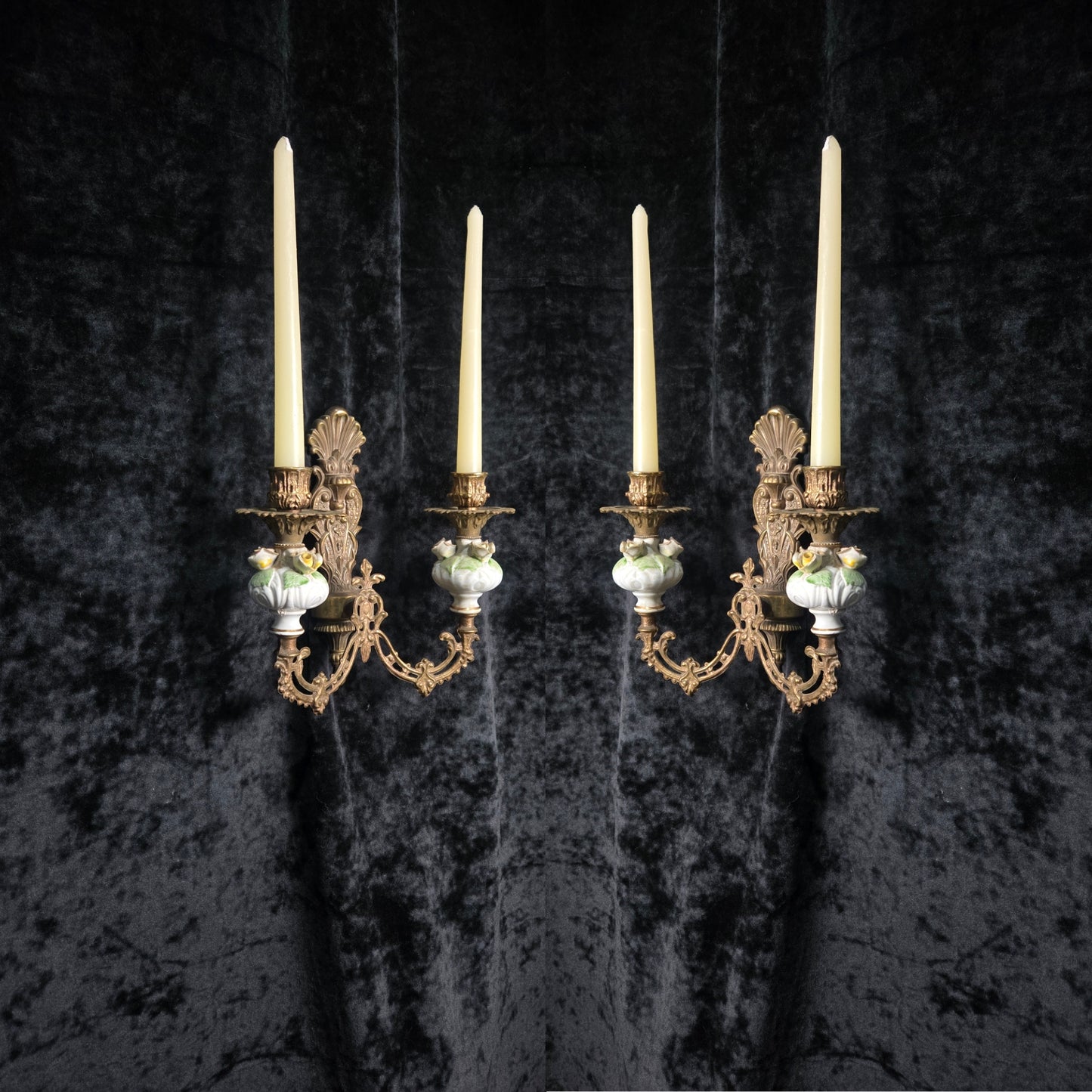 Beautiful Pair Vintage Italian 2 Arm Brass Porcelain Candle Wall Lights Sconces