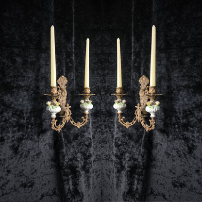Beautiful Pair Vintage Italian 2 Arm Brass Porcelain Candle Wall Lights Sconces