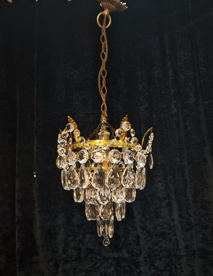 Lovely Vintage French Brass 1 Light Crystal Glass 4 Tier Waterfall Leaf Chandelier