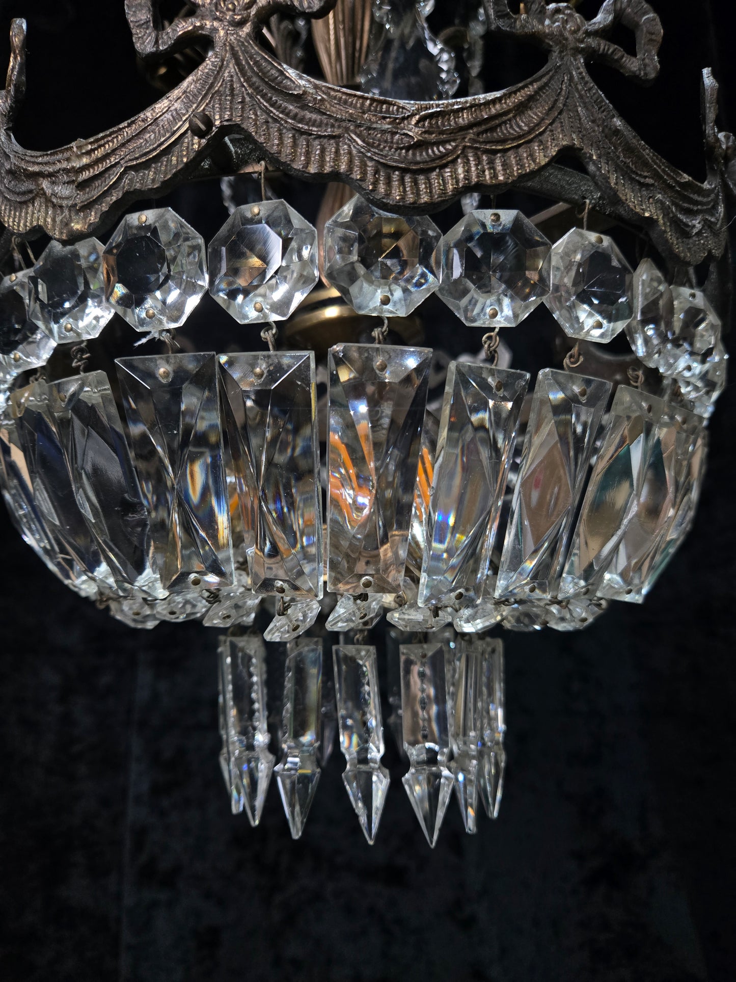Beautiful Vintage Italian Brass 3 Light Crystal Bag Bows and Roses Chandelier