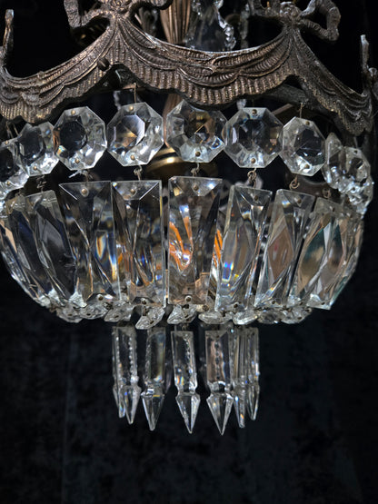 Beautiful Vintage Italian Brass 3 Light Crystal Bag Bows and Roses Chandelier