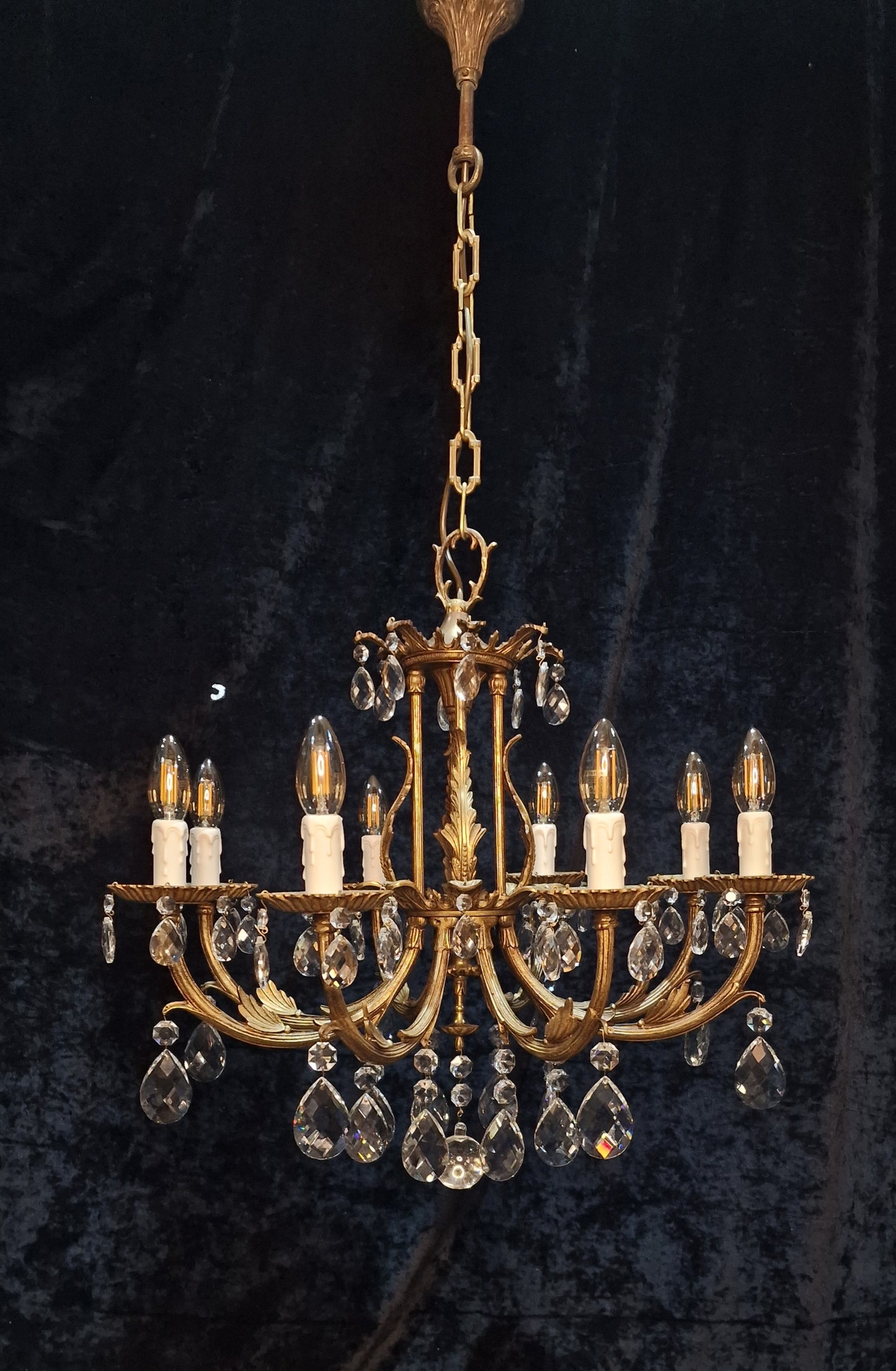 Stunning Heavy Large Antique Vintage French Brass Crystal 8 Arm Chandelier Light