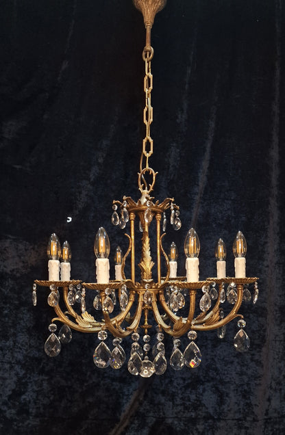 Stunning Heavy Large Antique Vintage French Brass Crystal 8 Arm Chandelier Light