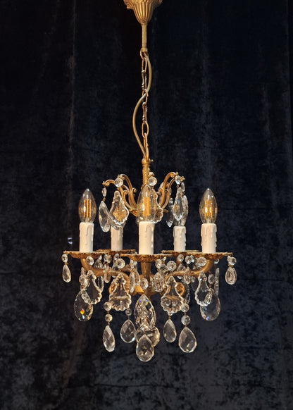 Beautiful Antique French 5 Arm Brass and Crystal Chandelier Ceiling Light